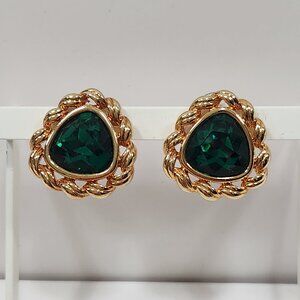 NWT Savvy Swarovski S.A.L. Green Triangular Crystal Pierced Earrings Rope Border